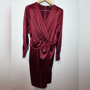 Lane Brvant Burgundy Satin Faux Wrap Dress Size 18/20 Long Sleeve V-Neck